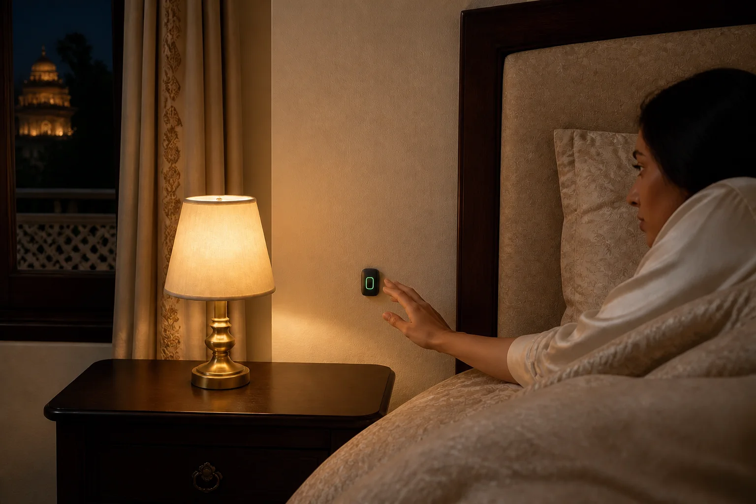 Illustrative compact Ajax Button placement concept beside a bed in a Jaipur home
