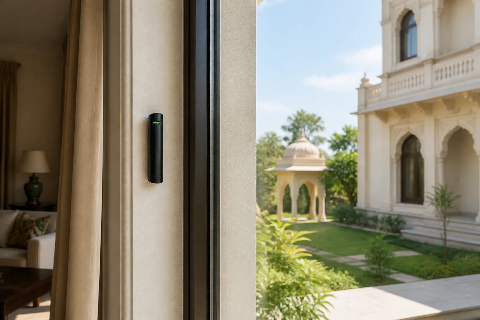 Illustrative Ajax GlassProtect placement concept beside a Jaipur villa window