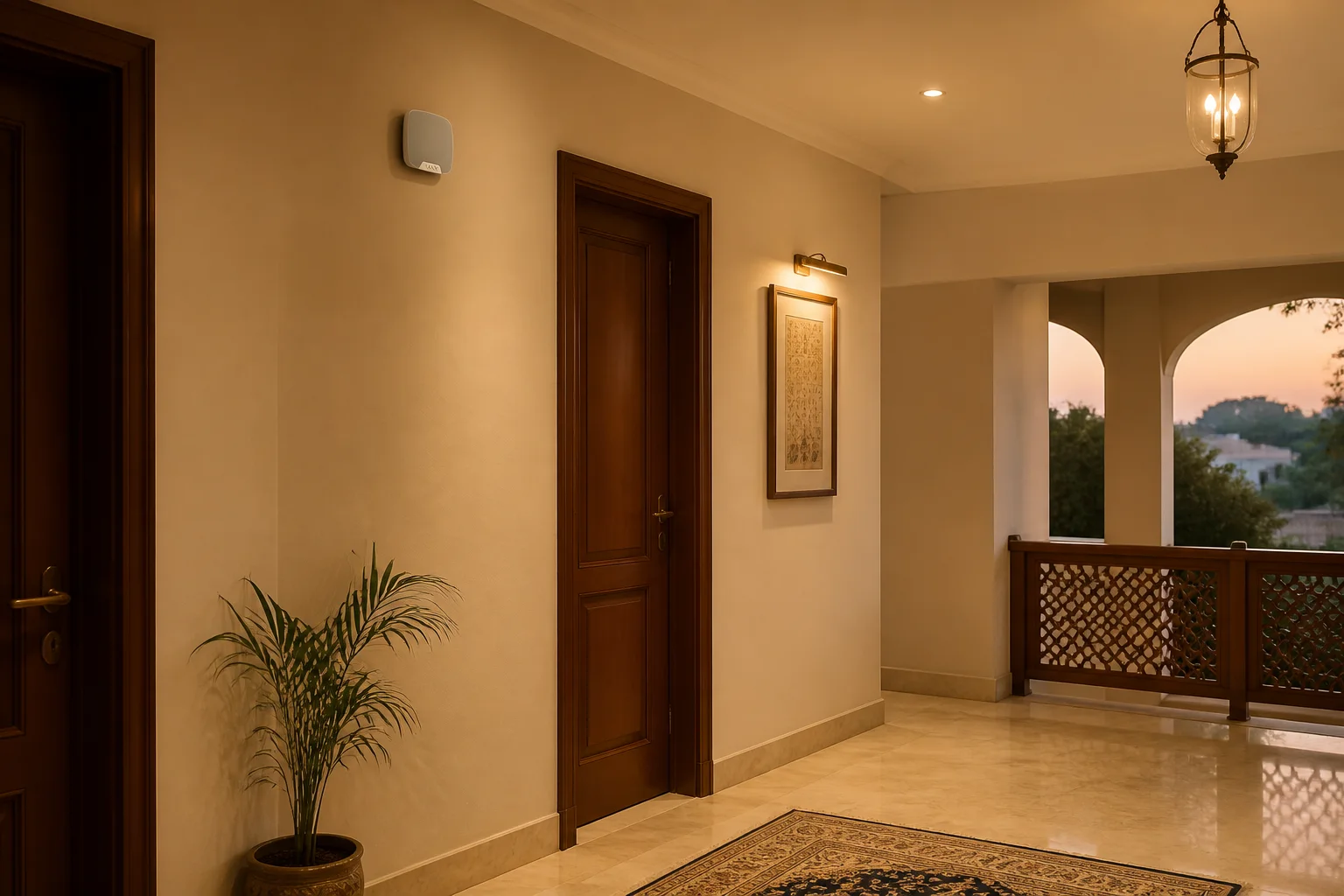 Illustrative Ajax HomeSiren placement concept on an indoor Jaipur villa corridor wall