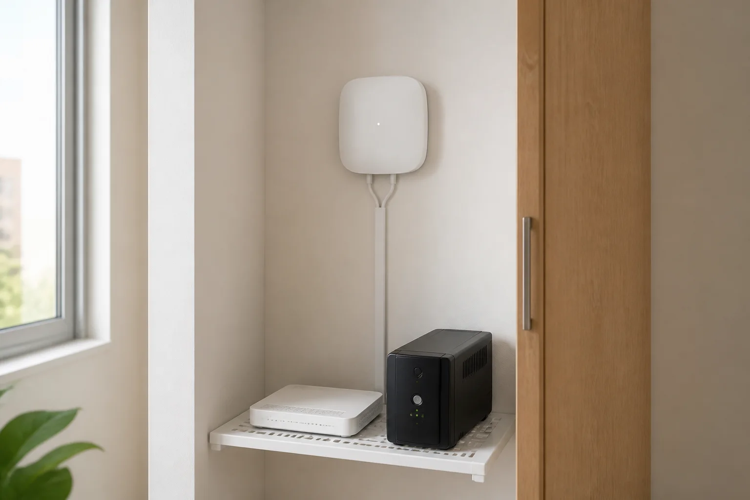 Illustrative Ajax Hub 2 Plus placement concept above a router and UPS shelf