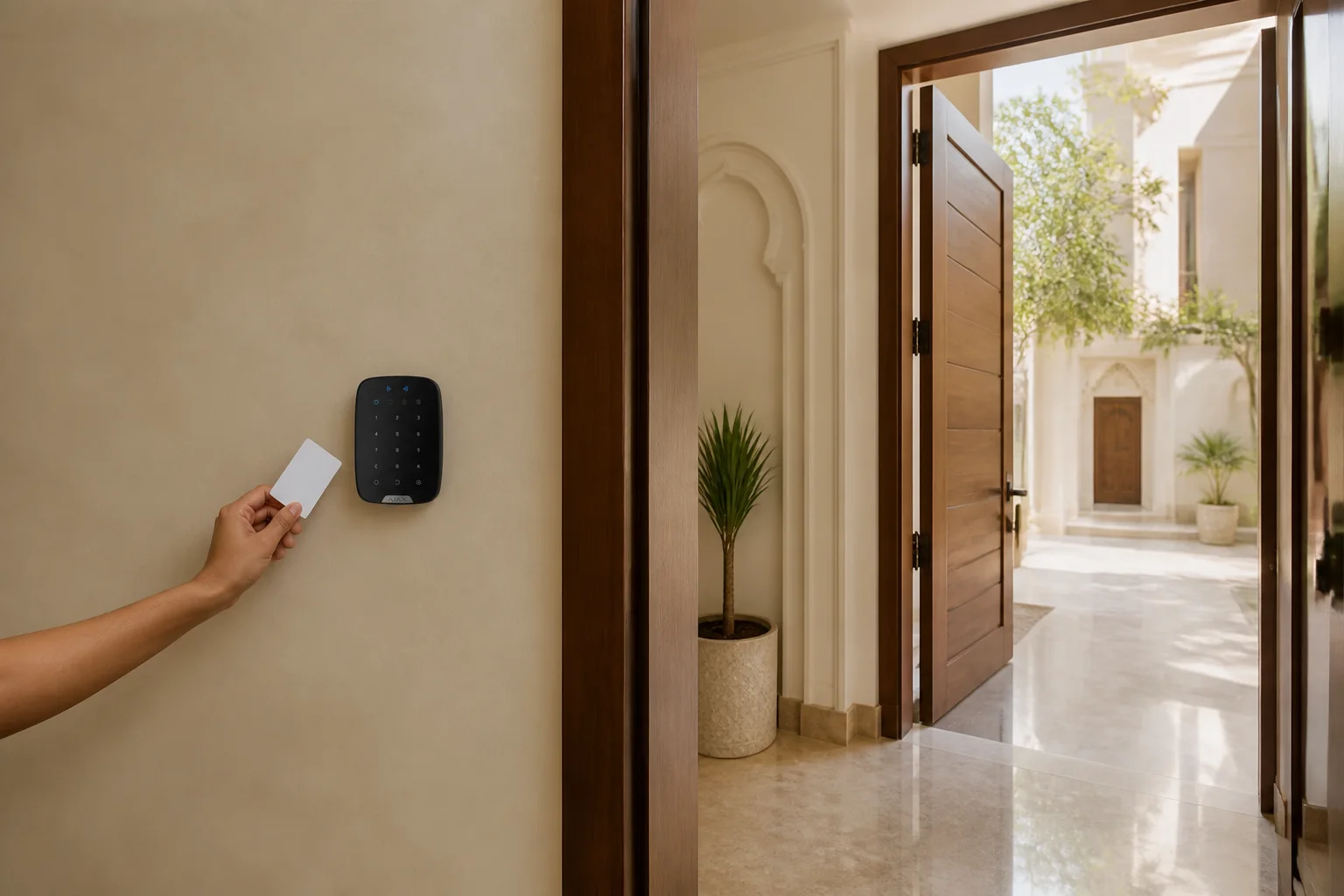 Illustrative Ajax KeyPad Plus placement concept inside a Jaipur villa entrance