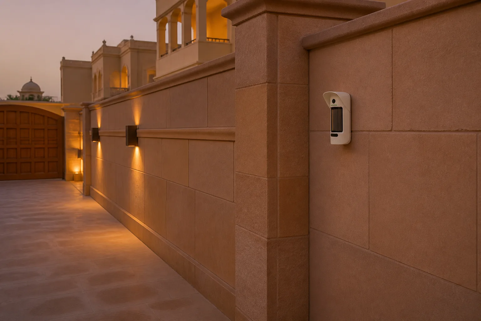 Illustrative Ajax MotionCam Outdoor placement concept on a stable Jaipur villa boundary wall
