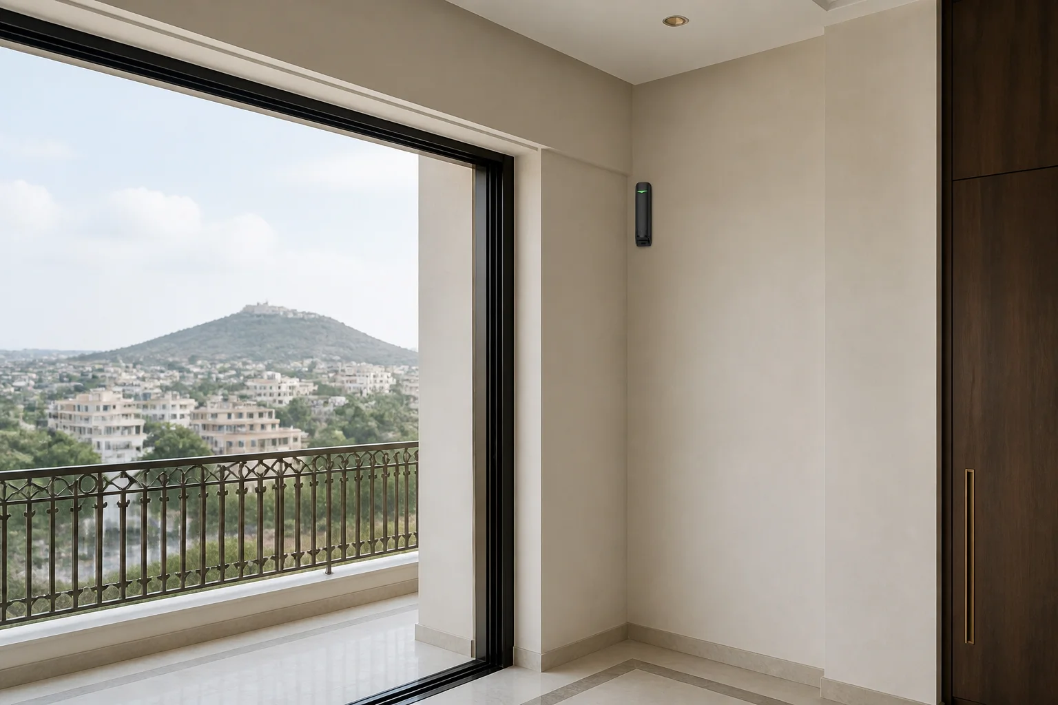 Illustrative Ajax MotionProtect Curtain placement concept beside a Jaipur balcony doorway