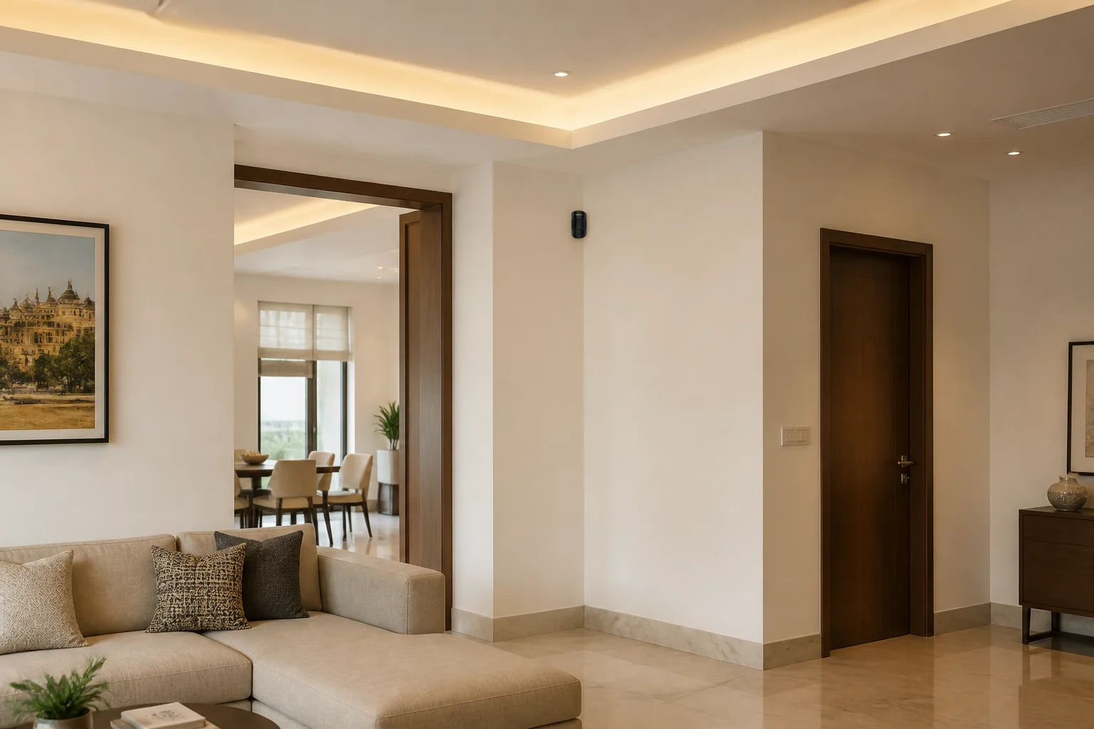 Illustrative Ajax MotionProtect Plus placement concept in an unobstructed Jaipur living-room corner