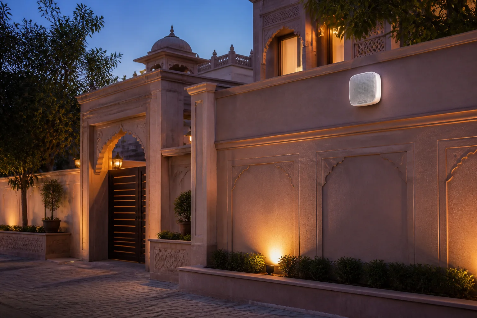 Illustrative Ajax StreetSiren placement concept on a Jaipur villa exterior wall