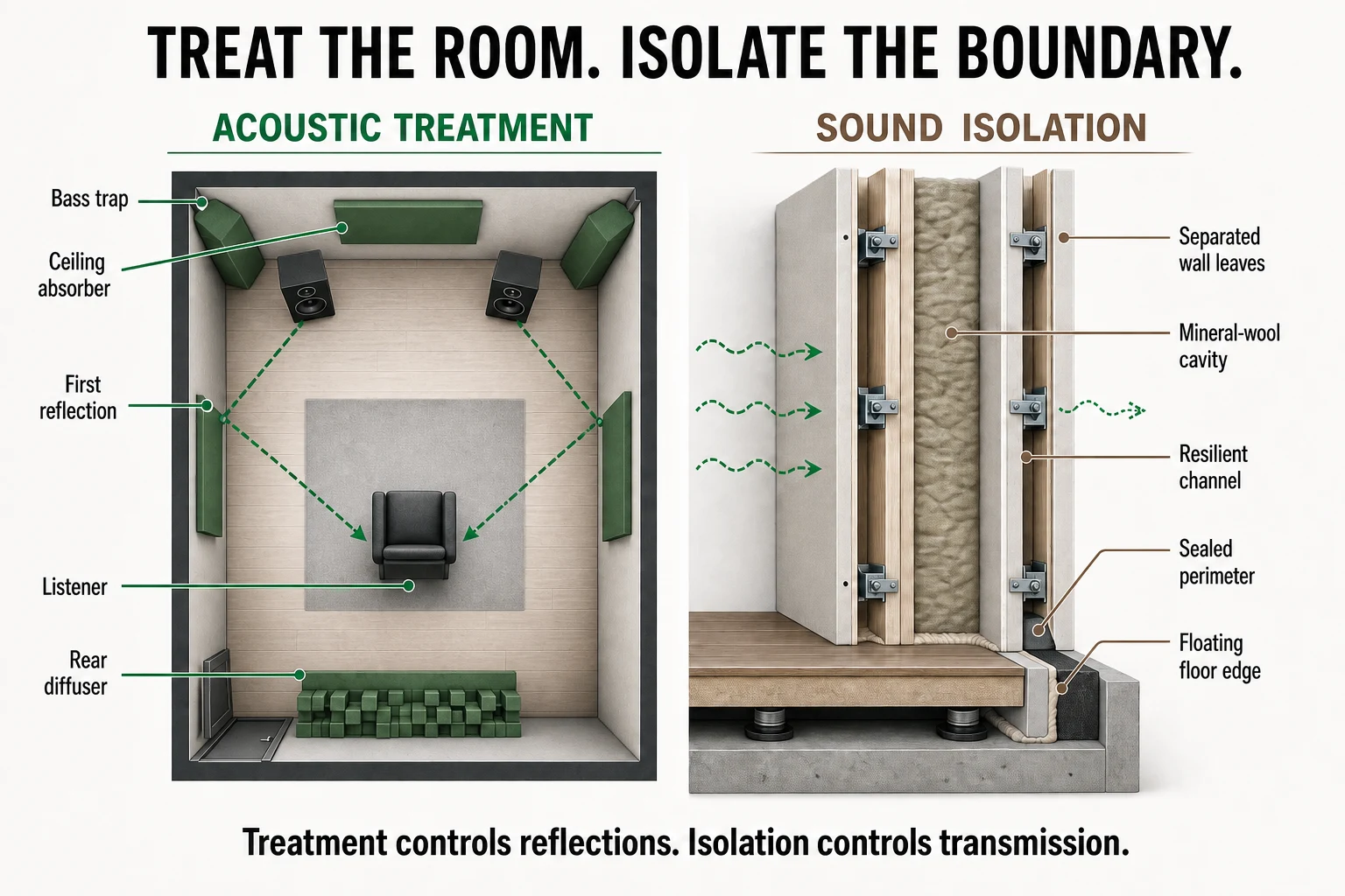 Acoustic treatment versus sound isolation infographic comparing reflection control inside a room with direct and flanking sound paths through partitions, doors, ceilings and ducts