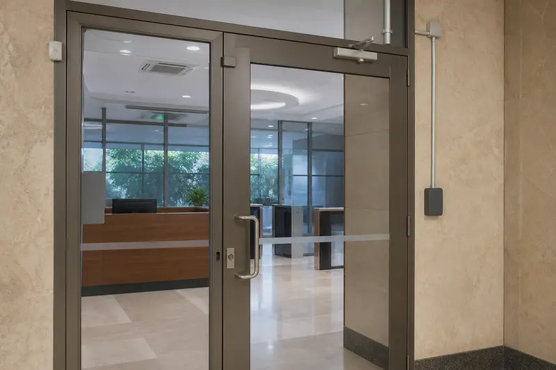 Office lobby controlled glass doorway with latch-side reader and closer.