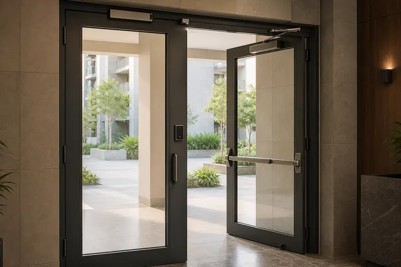 Apartment clubhouse controlled double doors with independent closers and panic egress.