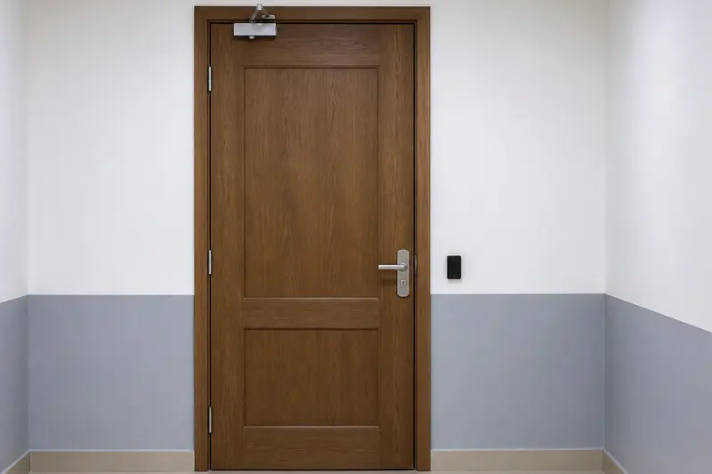 Controlled commercial doorway with reader and coordinated lock hardware.