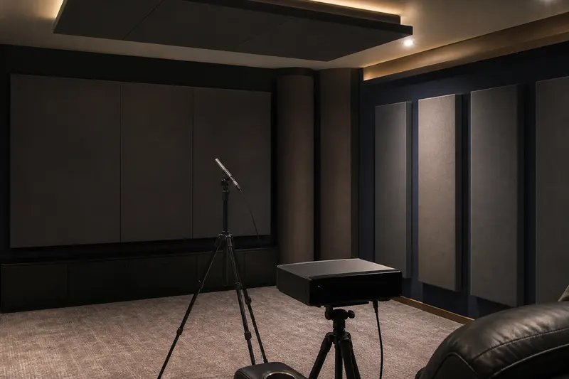 Home cinema acoustic measurement using a tripod microphone and blank analyzer hardware.