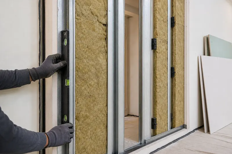 Mineral-wool acoustic partition installation in an Indian interior renovation.