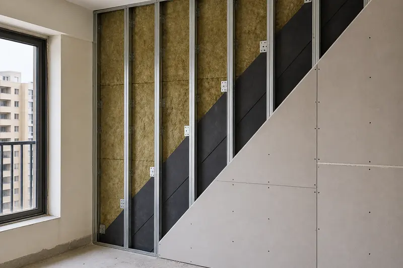Clean cutaway of a multi-layer isolated soundproofing wall assembly.