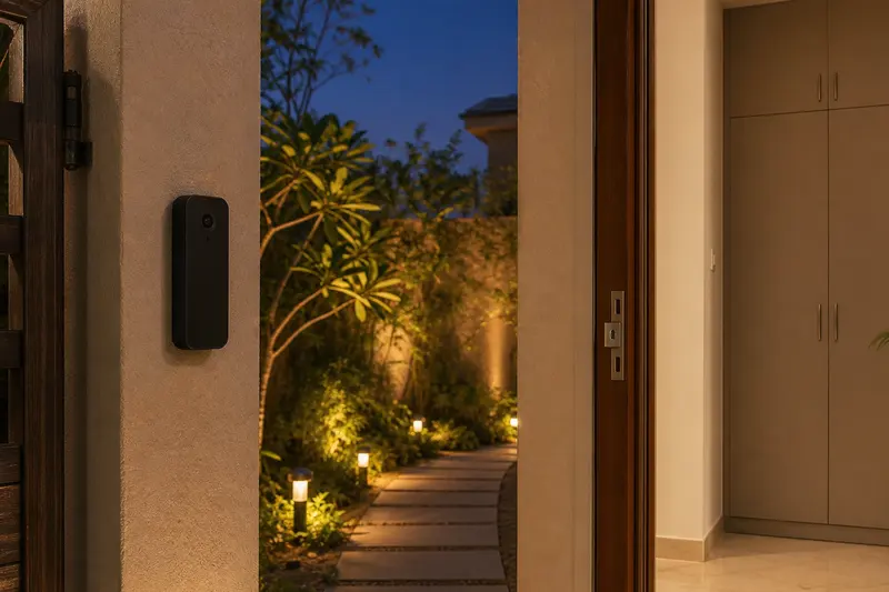 Jaipur home entrance with privacy-conscious access, sensing and pathway automation.