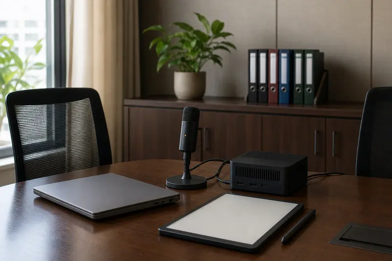 Private meeting setup with blank tablet, microphone and local compute device.