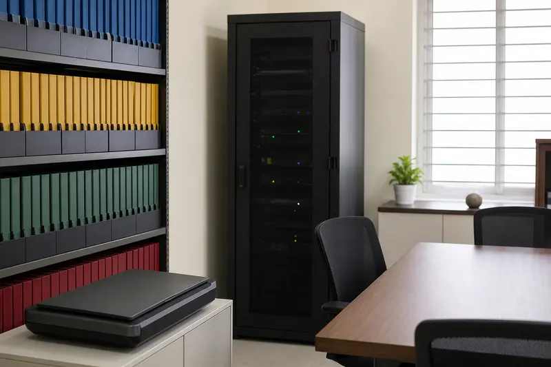 Engineering knowledge-ingestion room with scanner, archive and local server.