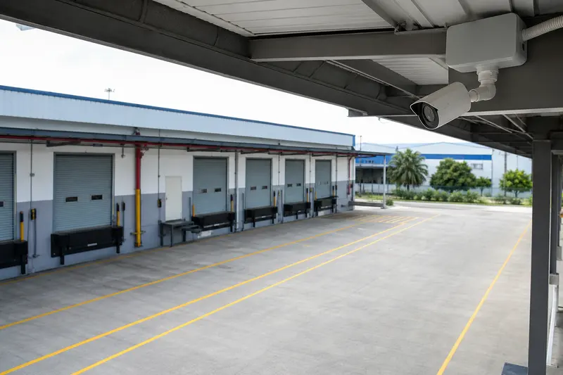 Warehouse loading-lane overview camera without fabricated analytics overlays.