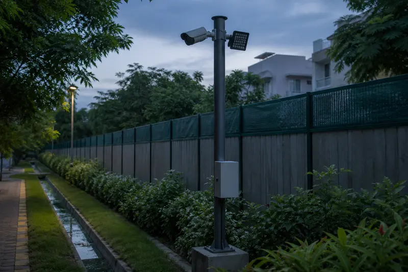 Privacy-conscious campus fence-line camera with separate IR illuminator.