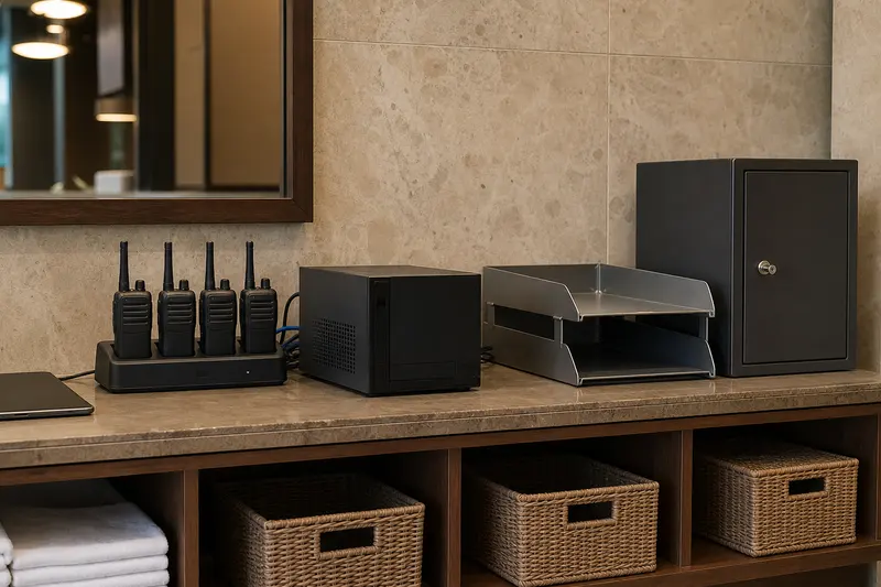 Hotel operations shelf with radio charging, local compute, empty trays and secure cabinet.