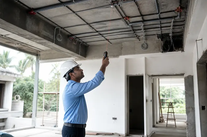 Engineer surveys ceiling service routes in an Indian villa under construction.