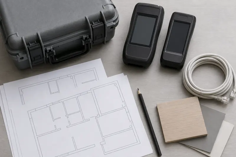 Blank meters, network lead, room-outline plans and material samples form a survey kit.