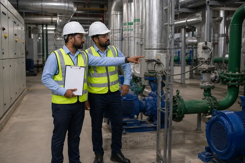 Two engineers conduct a PPE-compliant automation survey in a commercial plant room.