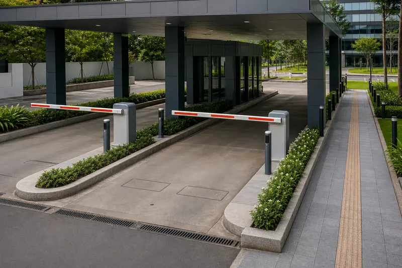 Twin office vehicle lanes beside a tactile accessible pedestrian route.