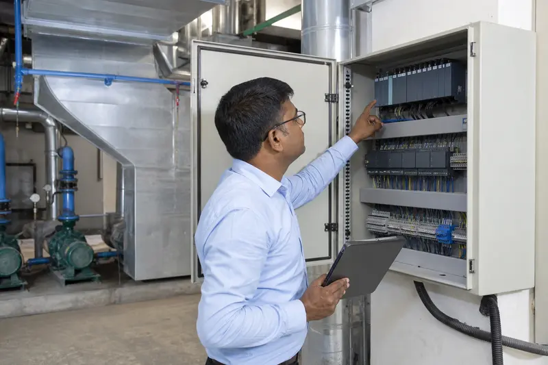 Engineer checks a building-control cabinet within a working mechanical plant room.