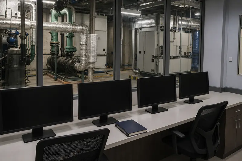Blank operator station overlooks an extensive commercial mechanical plant.