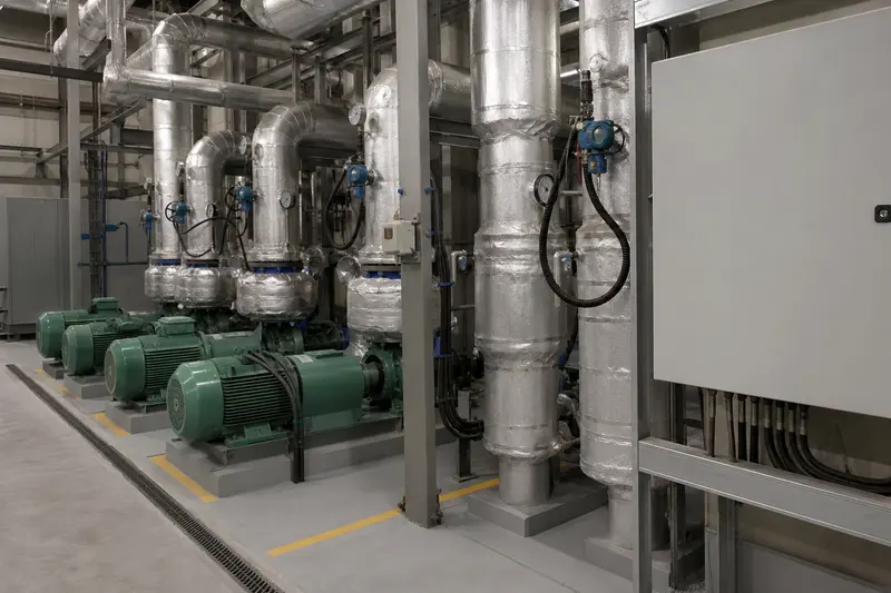 Mechanical plant combines pumps, insulated pipework, sensors and a local BMS enclosure.
