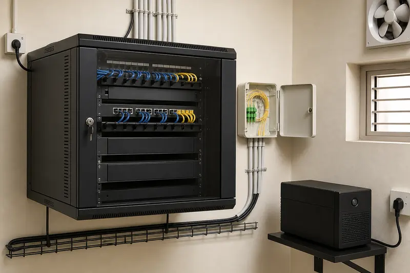 Compact ventilated business network rack, fibre termination and UPS in a clean utility room.