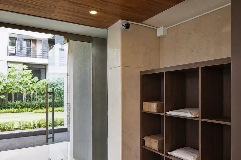 Privacy-respectful apartment entrance camera covering only shared space.