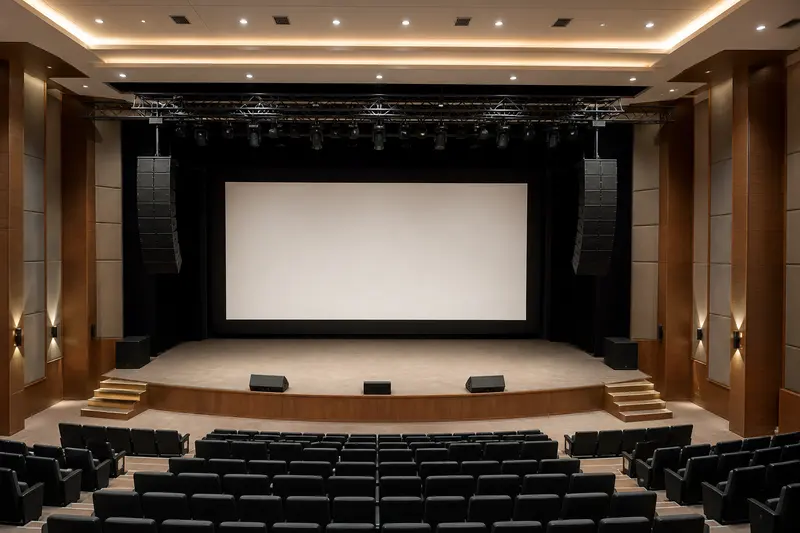 Indian corporate auditorium shows blank screen, line arrays, stage monitors and tiered seating.