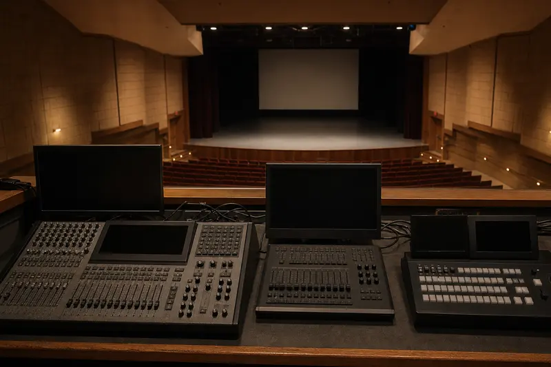Front-of-house booth combines mixing, lighting and video controls with all displays off.