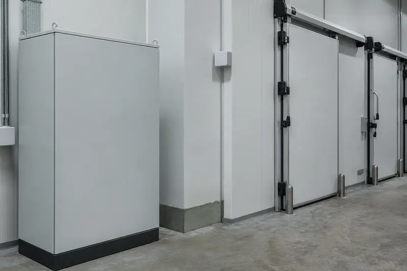 Cold-chain corridor with closed edge cabinet and environmental sensor housings.