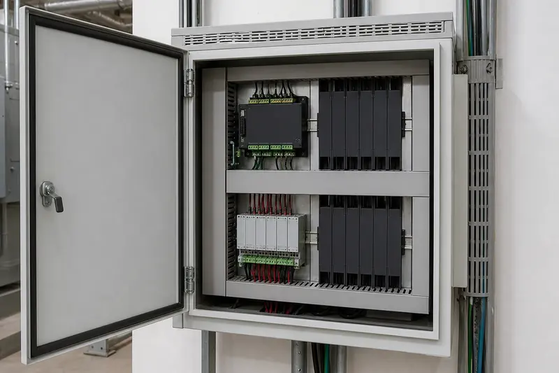Blank custom interface cabinet bridges building-control and lighting hardware in a mechanical room.