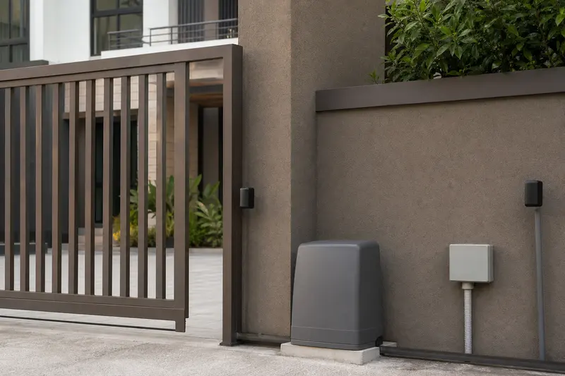 Featureless gate motor cover, safety photocells and junction box support an integrated villa entrance.