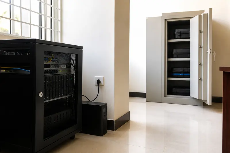 Equipment rack beside an open lockable cabinet containing storage cases.