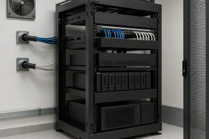 Private-cloud rack with storage, protected power and diverse cable-entry paths.