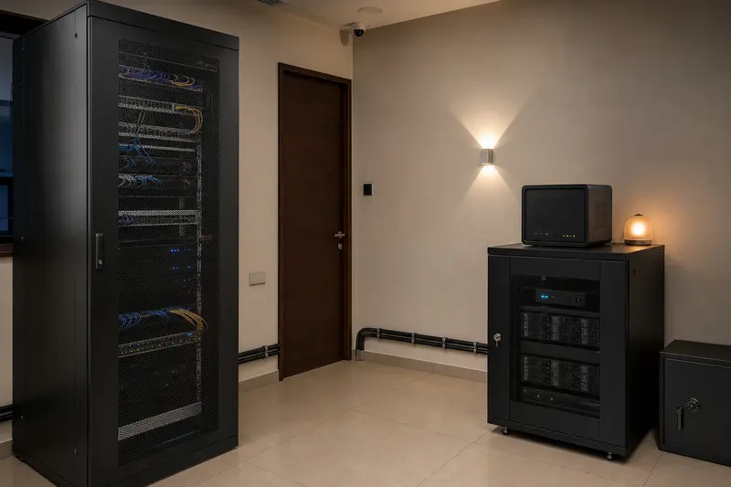 Separated primary rack, backup appliance and offline media safe.