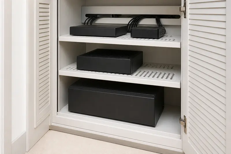 Apartment local-NVR stack with blank fronts and concealed rear topology.