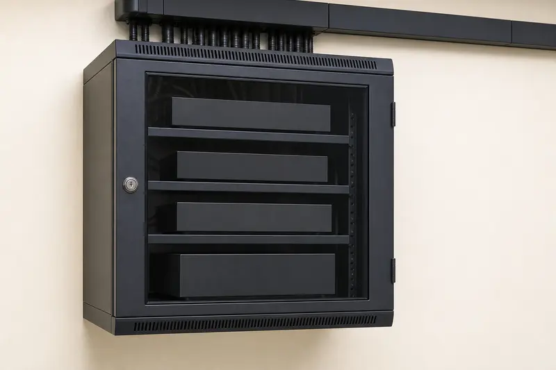 Closed glass-door office NVR cabinet with protected top conduits.