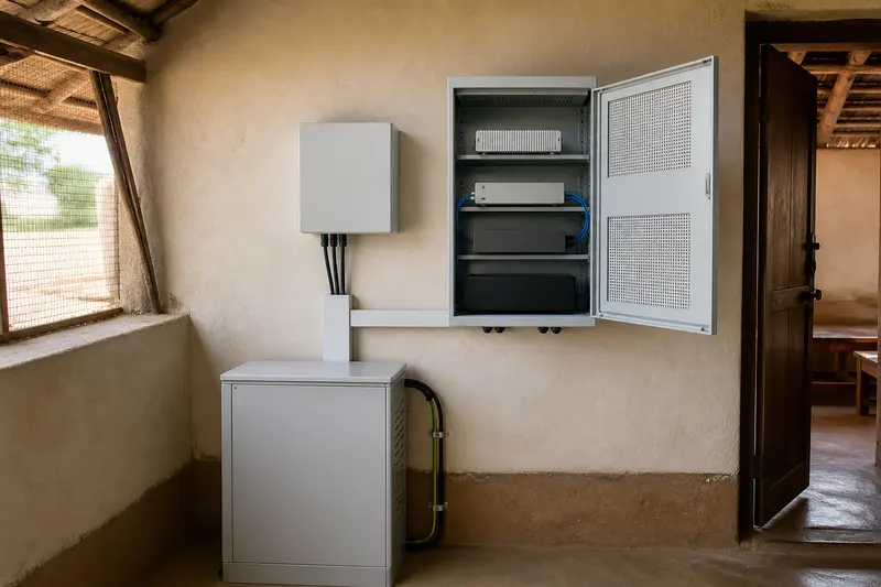 Solar-backed rural local NVR cabinet with blank modules.