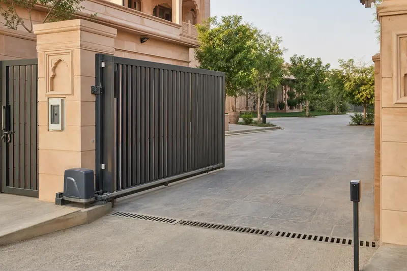 Residential rack-and-pinion sliding gate with Jaipur sandstone context.