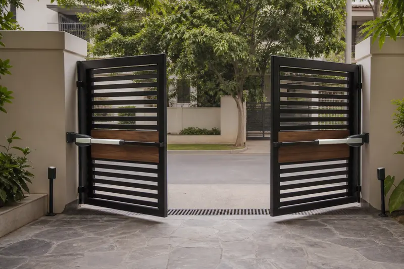Paired inward-swing residential gate actuators viewed from the compound.