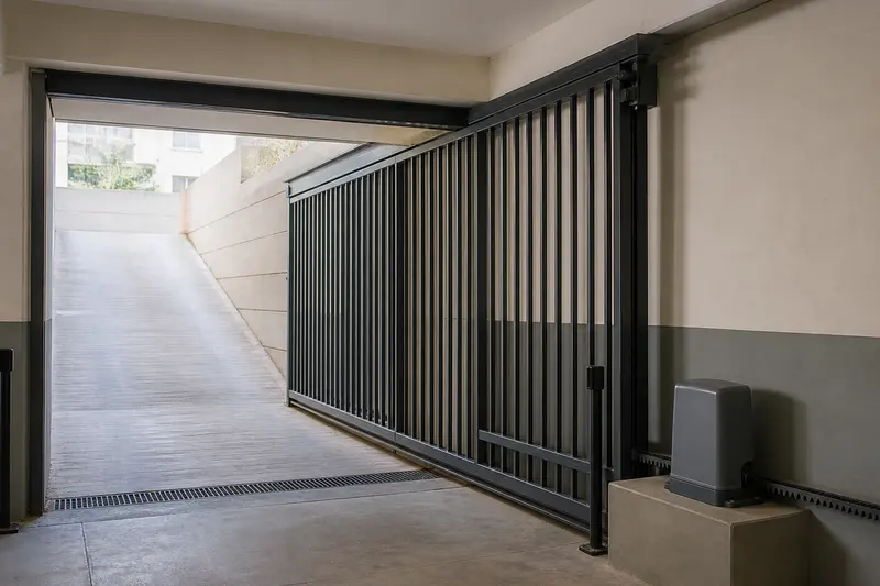 Basement sliding gate with rack drive, photocells and drainage.