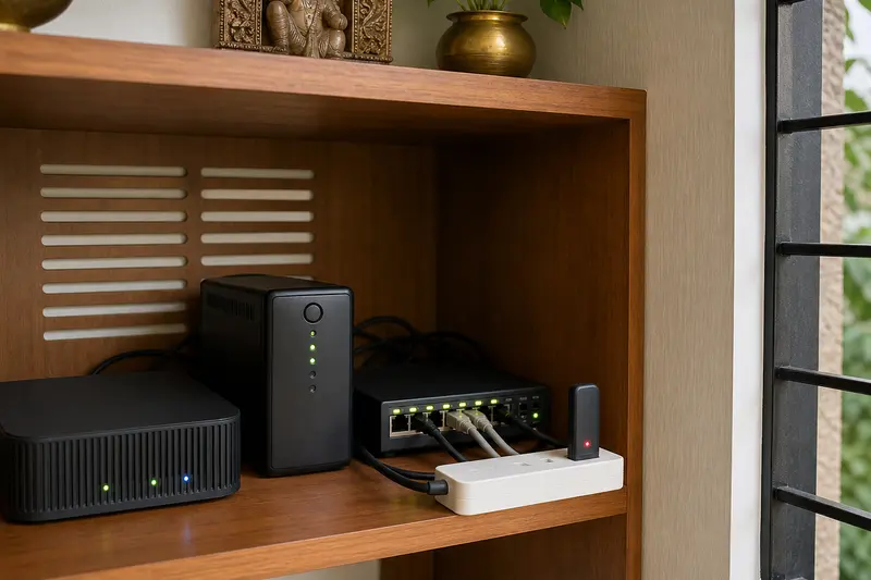Ventilated local automation shelf separates the Zigbee coordinator from compute and switching.