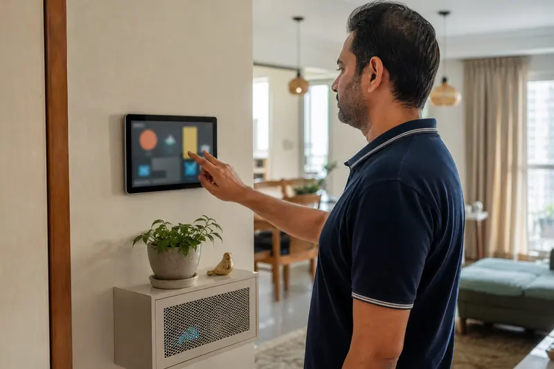 A local wall dashboard controls an Indian apartment while the hub remains on site.