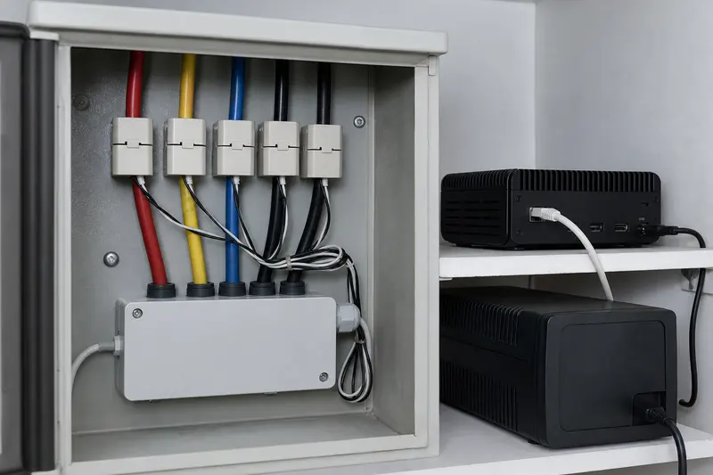 Local energy-monitoring installation pairs current transformers with an on-site mini PC and UPS.