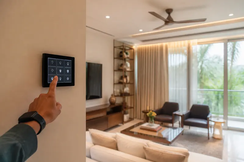 Resident using a wall scene keypad in a contemporary Indian living room