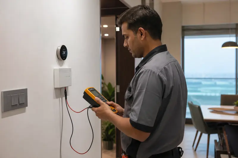 Indian technician testing a wall thermostat and HVAC control interface